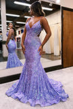 Sparkly Mermaid Spaghetti Straps Blue Prom Dress with Sequined PSK699-Pgmdress