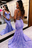 Sparkly Mermaid Spaghetti Straps Blue Prom Dress with Sequined PSK699-Pgmdress