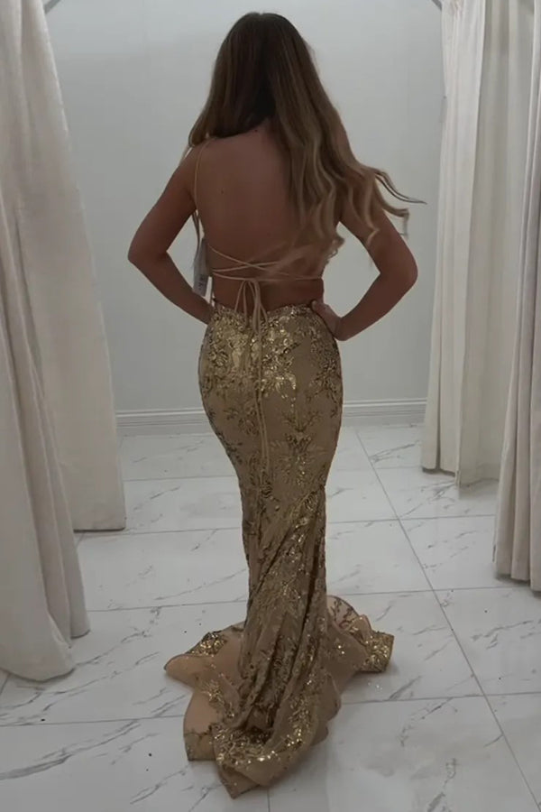 Sparkly Mermaid Spaghetti Straps Blue Prom Dress with Sequined PSK699-Pgmdress