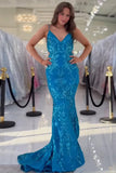 Robe de bal sirène bleue scintillante à bretelles spaghetti et paillettes PSK699