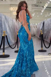 Sparkly Mermaid Spaghetti Straps Blue Prom Dress with Sequined PSK699-Pgmdress