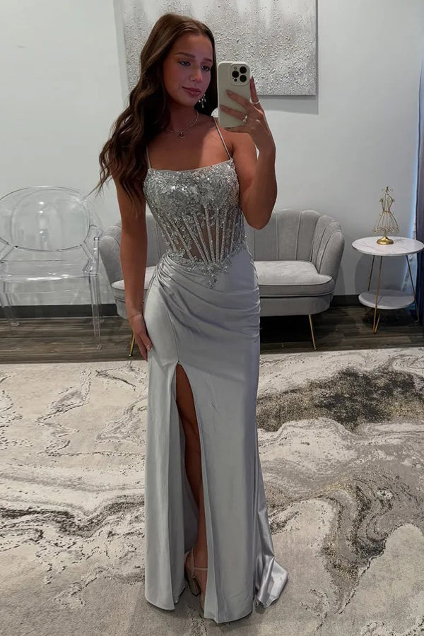 Sparkly Mermaid Spaghetti Straps Silver Corset Long Prom Dress PSK683 - US0 / Silver Sparkly Mermaid Spaghetti Straps Silver Corset Long Prom Dress PSK683 - US0 / Silver