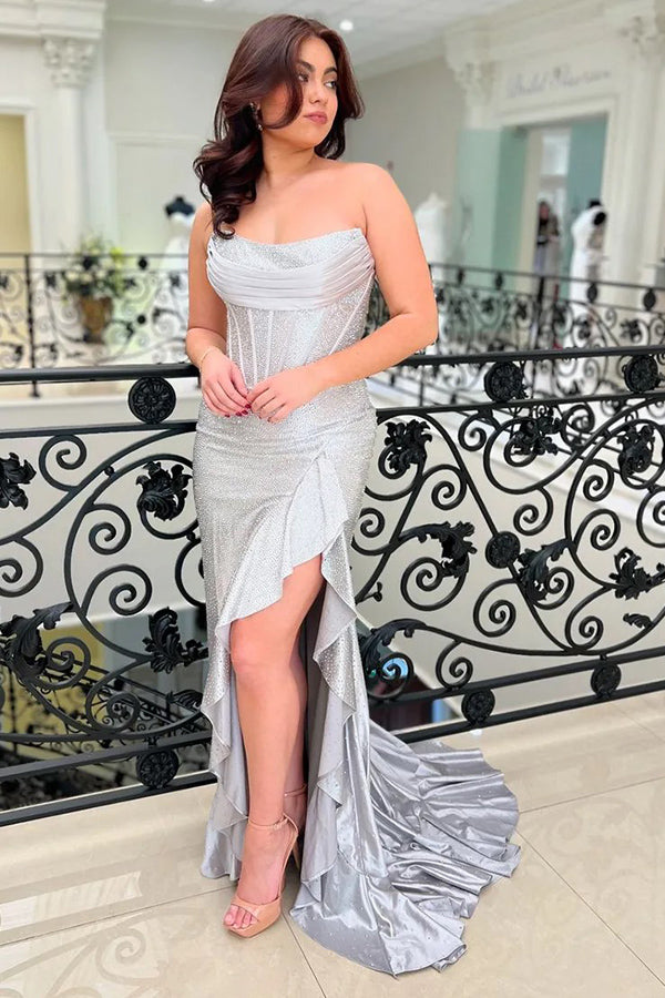 corset strapless prom dress Ladivine CC463 Strapless Sheer Beaded Corset Prom Dress 6 / Smoky Blue