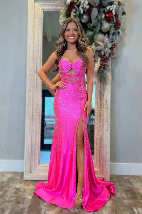 strapless open back dress Sequins Lace V Neck Hot Pink Prom Gown Sparkly Mermaid Prom Dress ARD3090 main image 0