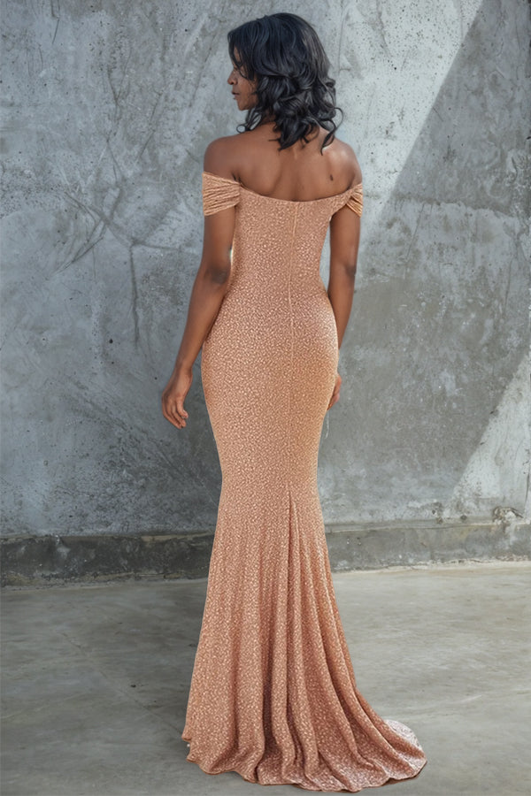 Sparkly Off the Shoulder Champagne Mother Of The Bride Dress