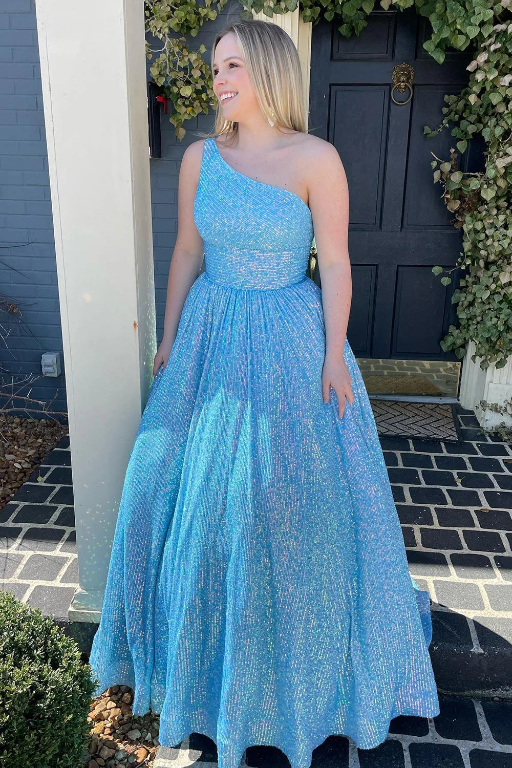 Sparkly Plus Size Light Blue One Shoulder A Line Sequins Prom Dress US8 / Custom Color Sparkly Plus Size Light Blue One Shoulder A Line Sequins Prom Dress US8 / Custom Color