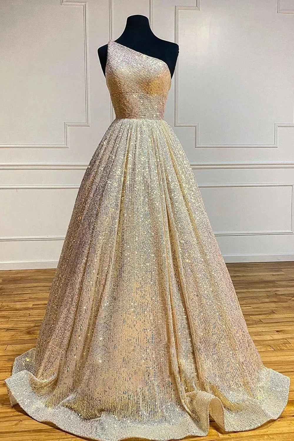 open lace back dress One Shoulder Gold Sequin Long Mermaid Evening Prom Dresses, Cheap Cust –  MarryLover main image 1