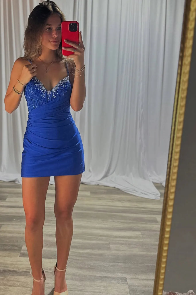 Sparkly Royal Blue Bodycon Corset Homecoming Dress With Beading-Pgmdress