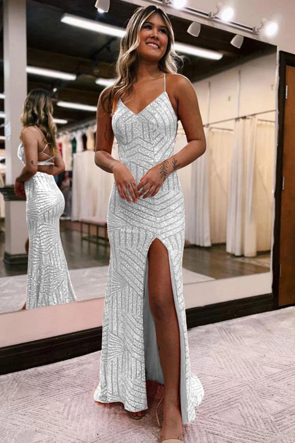 Sparkly Sequin Orange Long Glitter Prom Dress with Split PSK443 US6 / White Sparkly Sequin Orange Long Glitter Prom Dress with Split PSK443 US6 / White