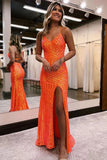 Sparkly Sequin Orange Long Glitter Prom  Dress With Split PSK443