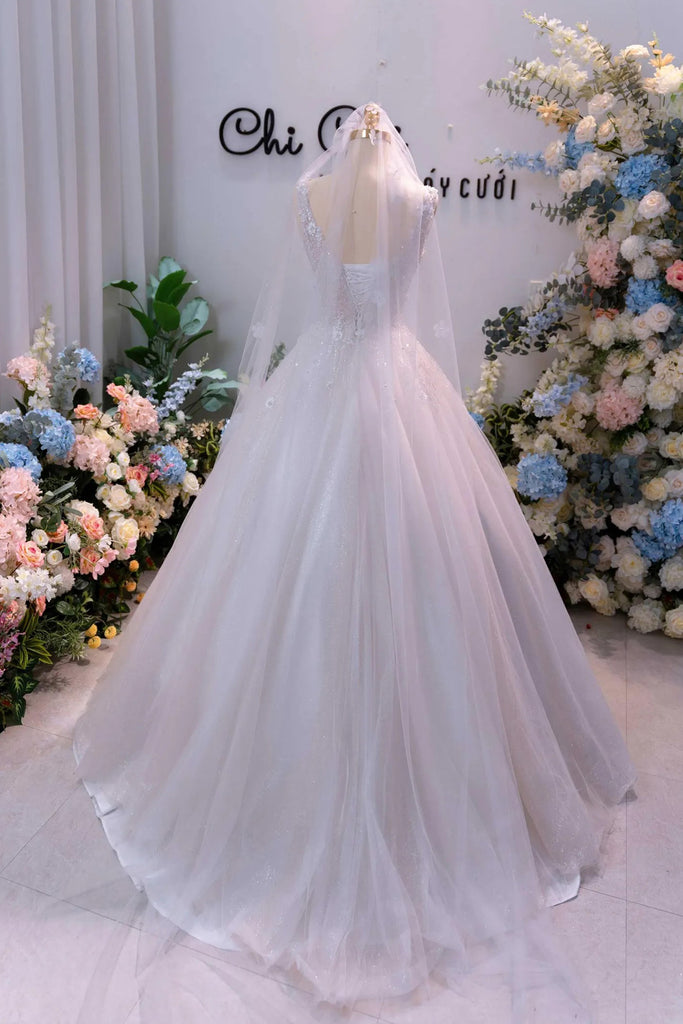 Sparkly Square Neck 3D Flowers Beaded Tulle Princess Wedding Dress-Pgmdress