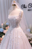Sparkly Square Neck 3D Flowers Beaded Tulle Princess Wedding Dress-Pgmdress