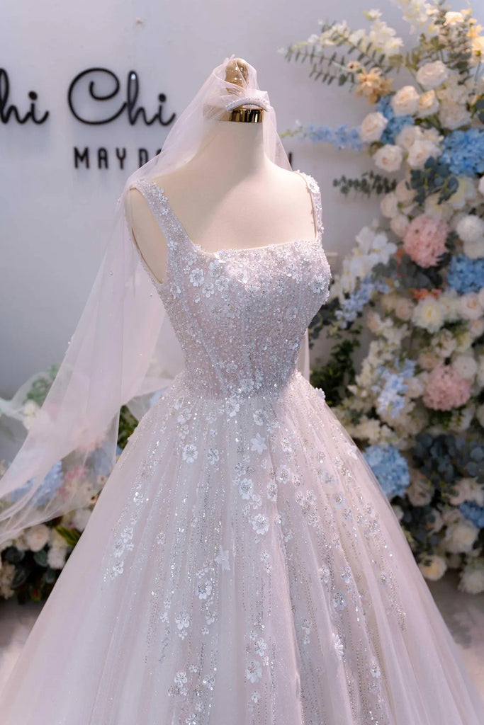Sparkly Square Neck 3D Flowers Beaded Tulle Princess Wedding Dress-Pgmdress