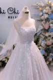 Sparkly Square Neck 3D Flowers Beaded Tulle Princess Wedding Dress-Pgmdress