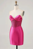 Sparkly Strapless Fuchsia Tight Corset Short Homecoming Dress-Pgmdress