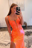 Sparkly Straps Orange Sequin Long Prom Dress with Appliques PSK708-Pgmdress