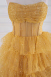 Sparkly Tulle Tiered Ruffles Gold Prom Dress Strapless Evening Dress PSK569-Pgmdress