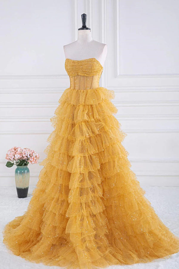 Sparkly Tulle Tiered Ruffles Gold Prom Dress Strapless Evening Dress PSK569-Pgmdress