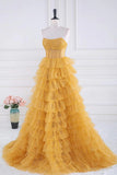 Sparkly Tulle Tiered Ruffles Gold Prom Dress Strapless Evening Dress PSK569-Pgmdress