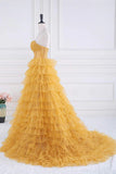 Sparkly Tulle Tiered Ruffles Gold Prom Dress Strapless Evening Dress PSK569-Pgmdress