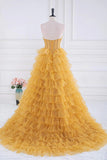 Sparkly Tulle Tiered Ruffles Gold Prom Dress Strapless Evening Dress PSK569-Pgmdress