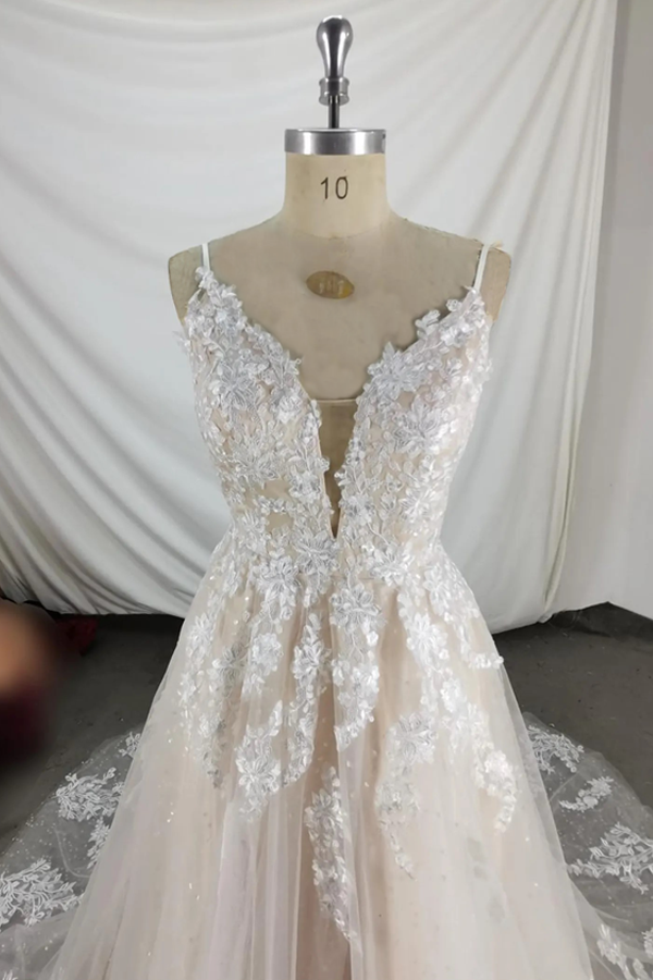 Sparkly V Neck Lace Wedding Dress Bridal Gown With Court Train-Pgmdress