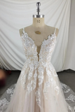 Sparkly V Neck Lace Wedding Dress Bridal Gown With Court Train-Pgmdress