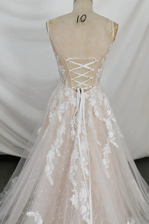 Sparkly V Neck Lace Wedding Dress Bridal Gown With Court Train-Pgmdress