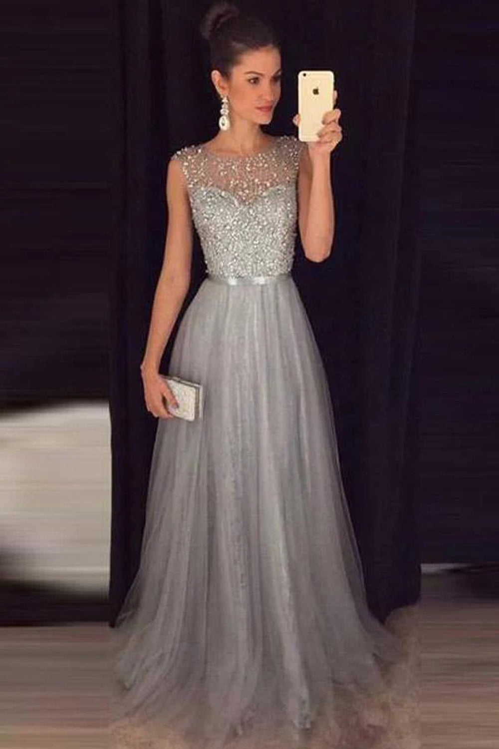 Sparkly A Line Scoop Open Back Grey Beaded Long Prom Dress PG732 US4 / Champagne