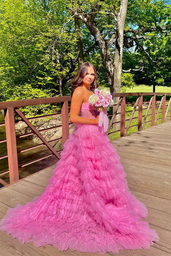 Sparkly Tulle Tiered Ruffles Gold Prom Dress Strapless Evening Dress –  Pgmdress