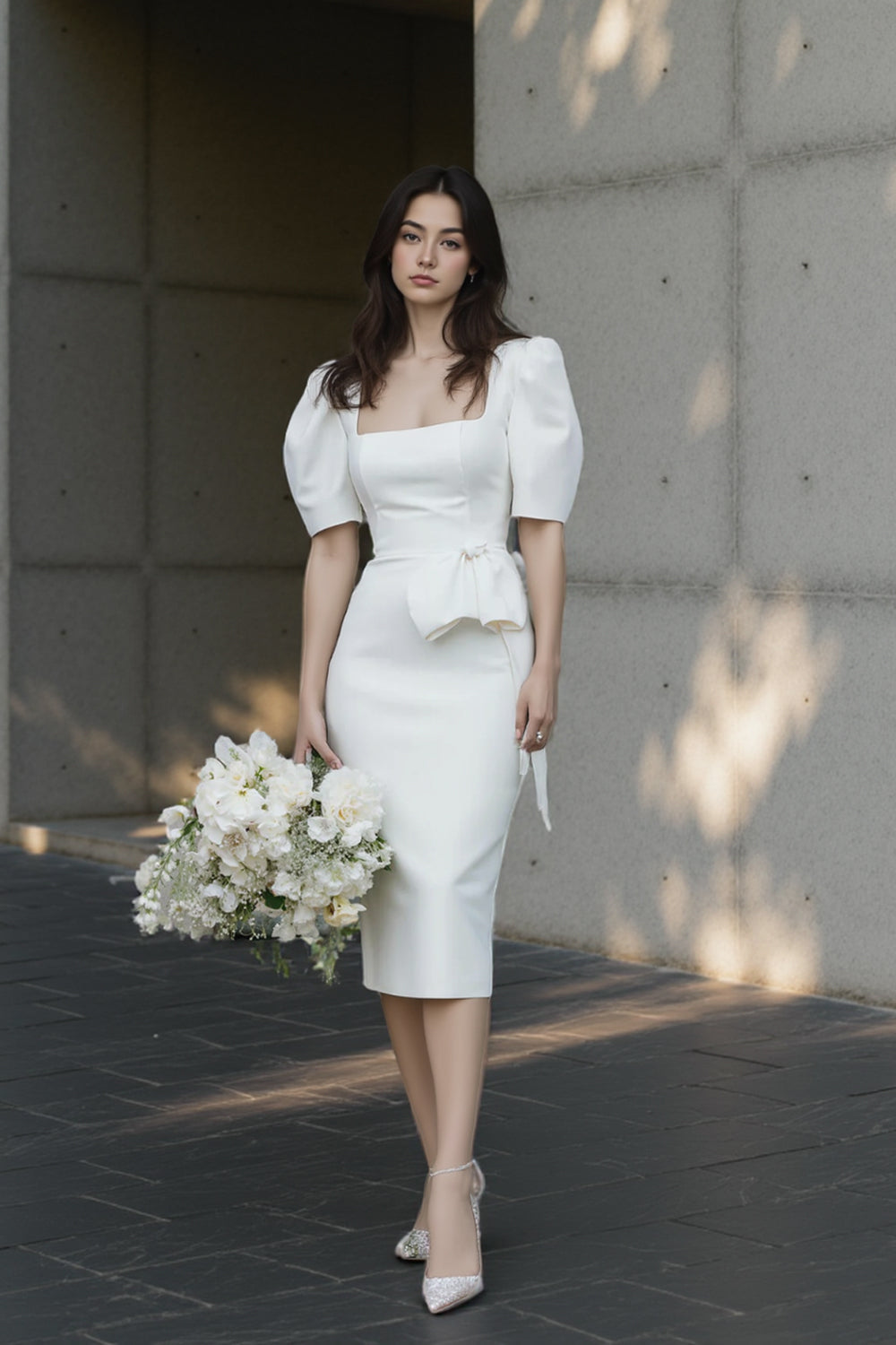 Square Neck Bodycon Engagement Dress Short Wedding Dress with Sleeves US18 / White
