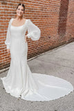 Square Neck Long Sleeves Satin Mermaid Wedding Dress With Court Train-Pgmdress