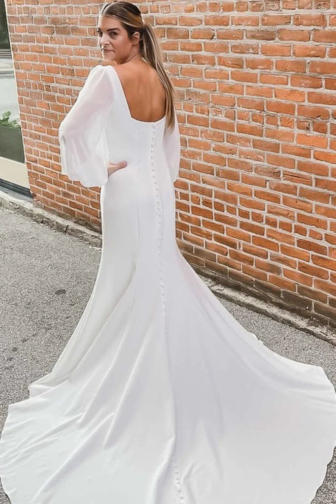 Square Neck Long Sleeves Satin Mermaid Wedding Dress With Court Train-Pgmdress
