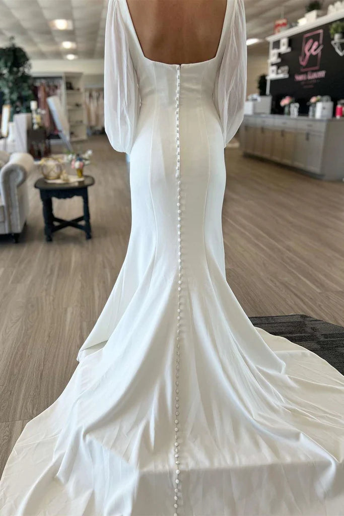 Square Neck Long Sleeves Satin Mermaid Wedding Dress With Court Train-Pgmdress