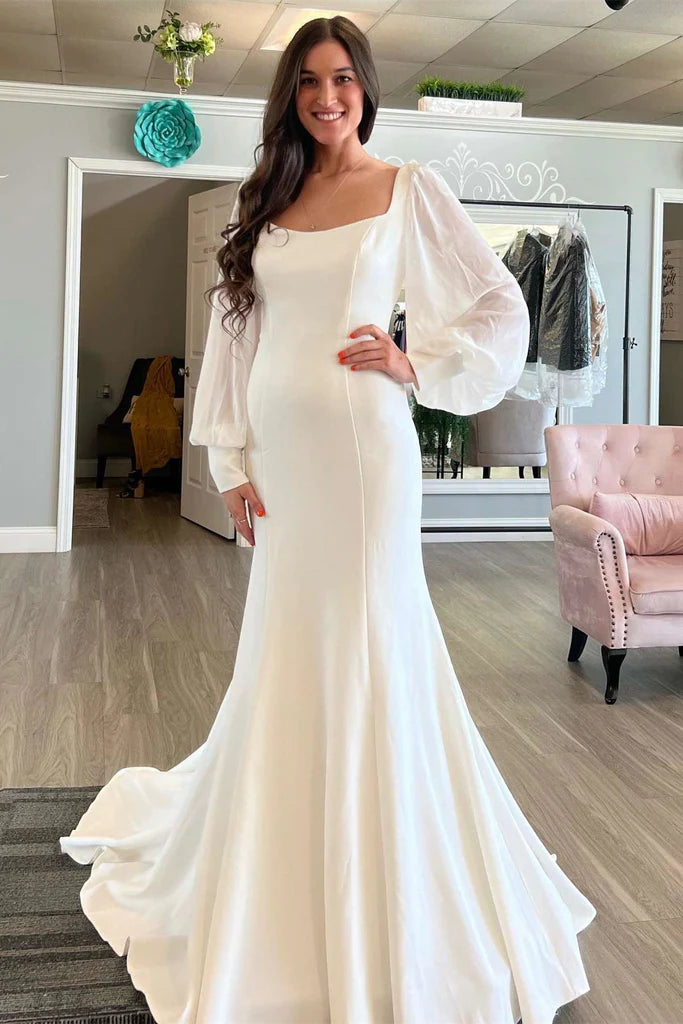 Square Neck Long Sleeves Satin Mermaid Wedding Dress With Court Train US0 / White Square Neck Long Sleeves Satin Mermaid Wedding Dress With Court Train US0 / White