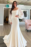 Square Neck Long Sleeves Satin Mermaid Wedding Dress With Court Train