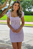 Square Neck Short Lilac Homecoming Dress With Appliques PD549-Pgmdress