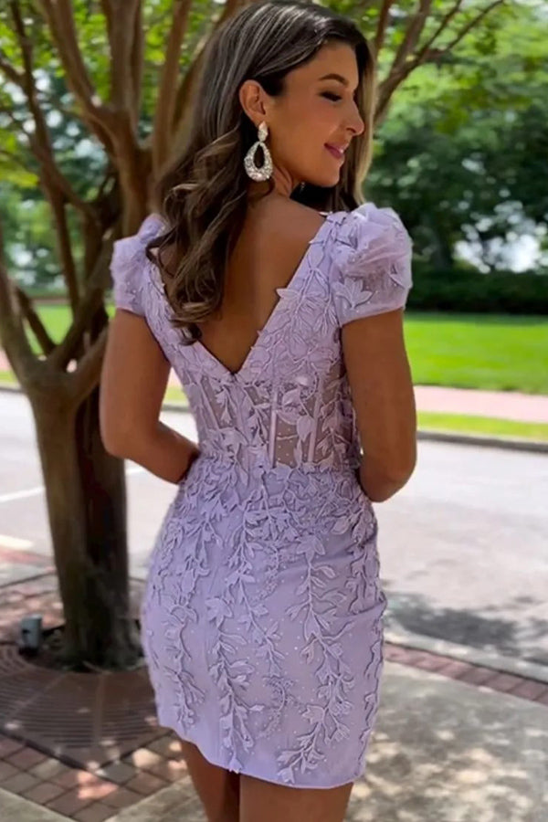 Square Neck Short Lilac Homecoming Dress With Appliques PD549-Pgmdress