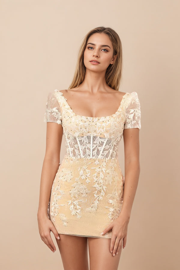 Square Neck Short Champagne Homecoming Dress With Appliques PD549