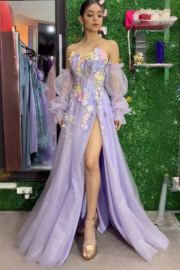 lavender formal dress with sleeves Strapless 3D Floral Lavender Prom Dress with Detachable Sleeves PSK668 –  Pgmdress