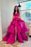 Strapless A-line Corset Fuchsia Long Prom Dress With Split PSK595-Pgmdress