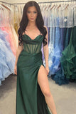 Strapless Beaded Mermaid Hunter Green Prom Dress with Slit PSK590-Pgmdress