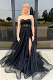 Robe de bal longue en tulle noir sans bretelles avec fente PSK544