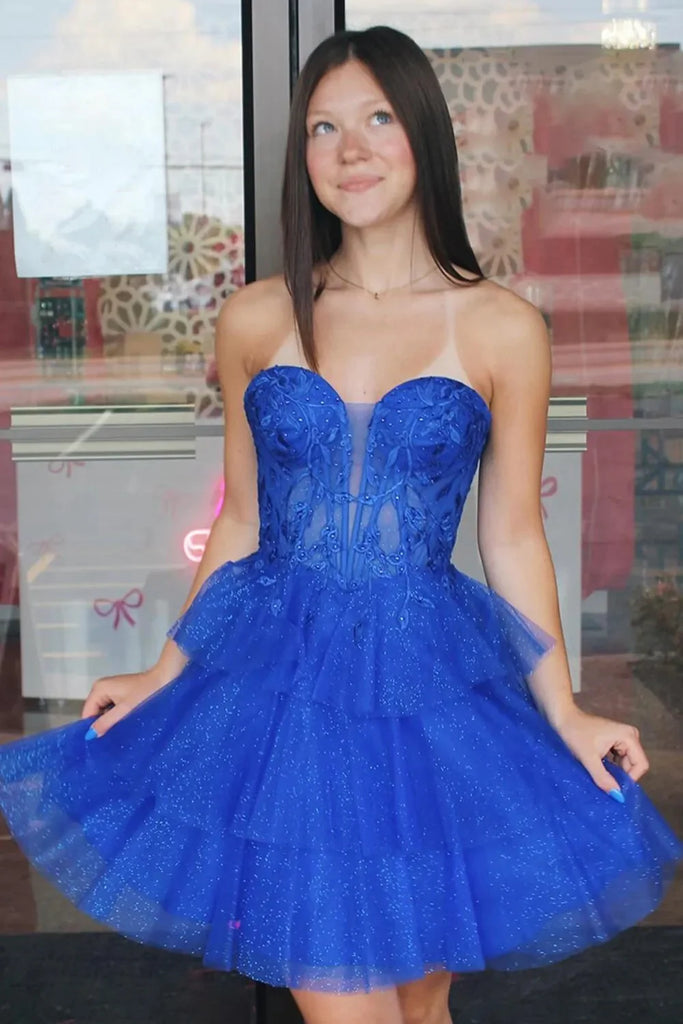 Strapless Corset Royal Blue Short Homecoming Dress with Ruffles-Pgmdress