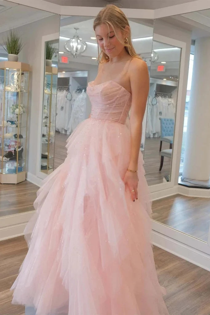 Strapless Light Pink Sequin Beaded Tulle Stunning Prom Dress PSK476-Pgmdress