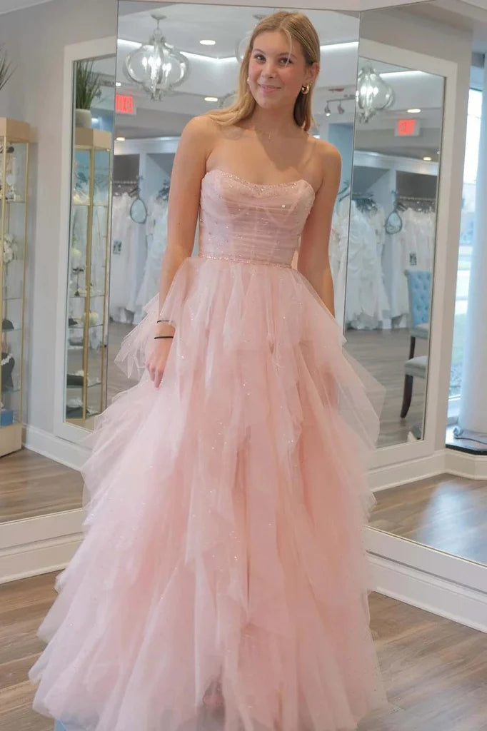 Strapless Light Pink Sequin Beaded Tulle Stunning Prom Dress PSK476-Pgmdress