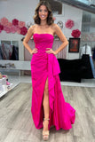 Robe de bal longue froncée sans bretelles avec traîne courte magenta PSK546