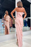 Strapless Ruffle Chiffon Pink Bridesmaid Dress with Slit BD121-Pgmdress