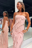 Strapless Ruffle Chiffon Pink Bridesmaid Dress with Slit BD121-Pgmdress