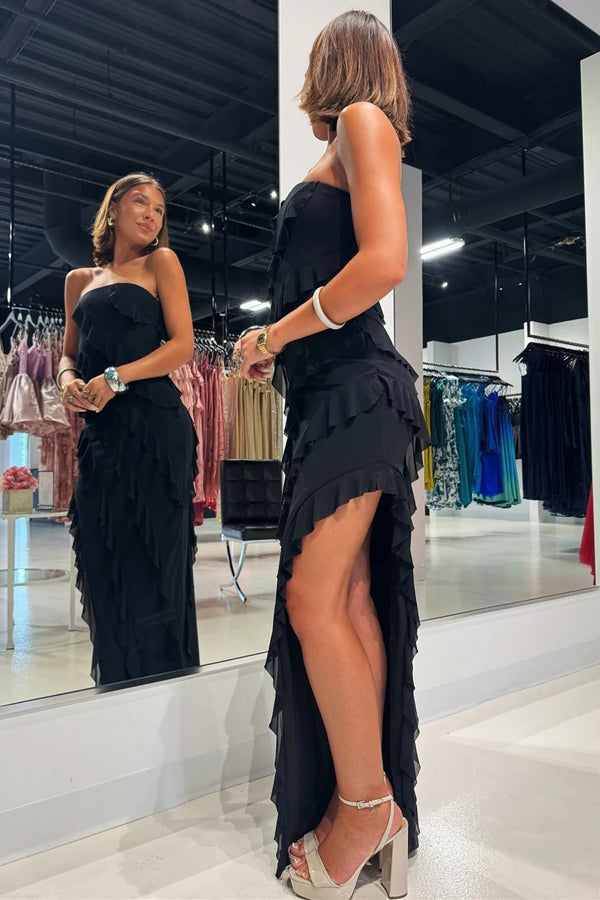 Strapless Ruffle Chiffon Pink Bridesmaid Dress with Slit BD121-Pgmdress